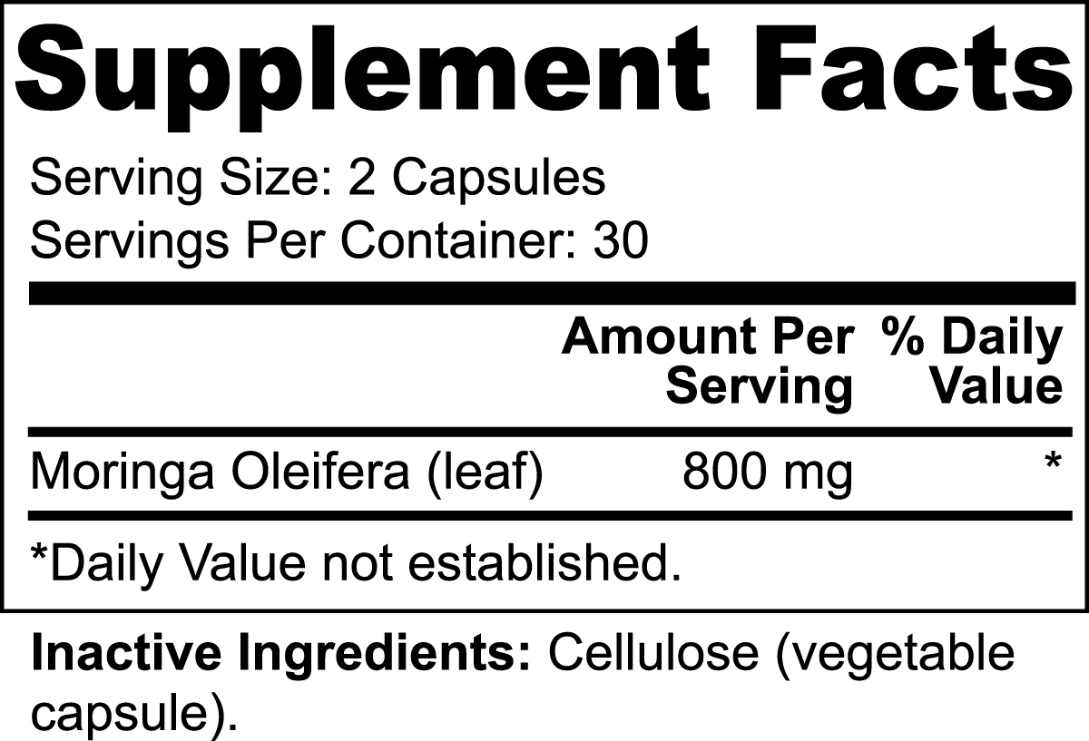 Dive into Nutrient Richness - Explore the supplement facts of our Moringa Pure capsules for a closer look at the natural blend supporting your health and vitality.