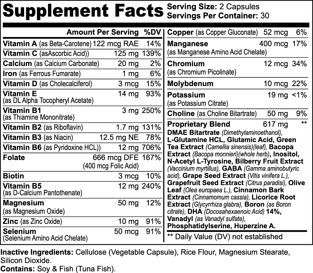 Dive into Nutrient Details - Explore the supplement facts of our Nootropic Brain & Focus Formula for a closer look at the natural blend supporting cognitive function and mental focus.